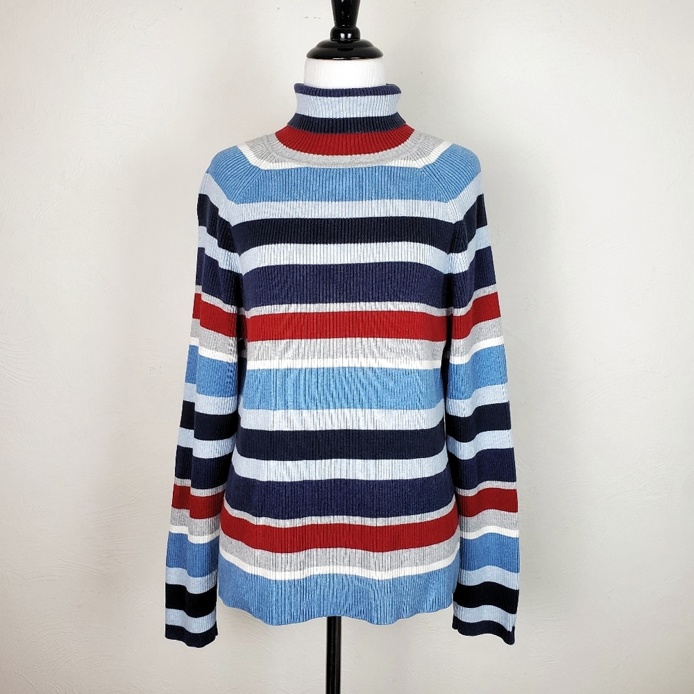 Tommy Hilfiger Jeans Sweater Turtleneck Striped Preppy 90s Y2K Blue Gray Red